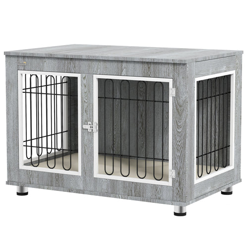 Pet Crate Side End Table for Indoor Use with Cushion, Double Doors, Grey