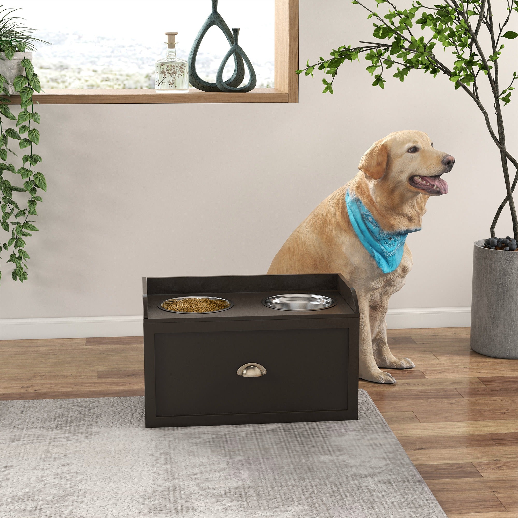 Large Elevated Dog Bowls with Storage Drawer, Raised Pet Feeding Station with 2 Stainless Steel Bowls, Coffee Dog Bowls at Gallery Canada