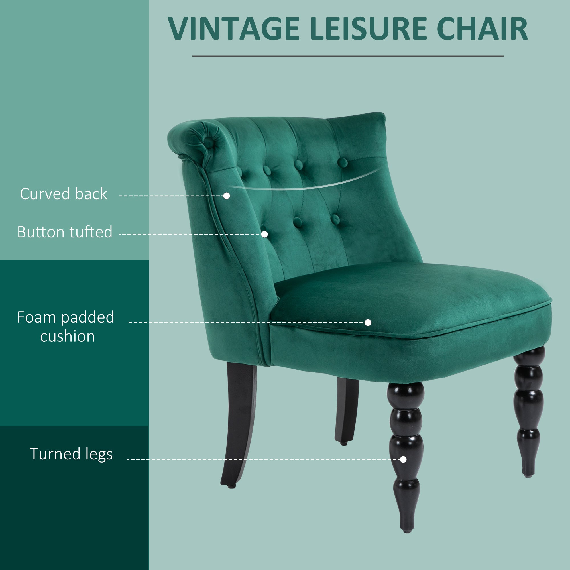 Vintage Leisure Accent Chair with Button Tufted Straight Back, Turned Legs, Thick Sponge Padding for Living Room, Dining Room, Study, Dark Green Accent Chairs   at Gallery Canada