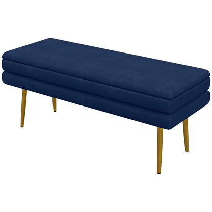 End of Bed Bench, Velvet-feel Upholstered Bench with Thick Padded Seat and Steel Legs, Modern Bedroom Bench, Dark Blue Storage Ottomans & Benches   at Gallery Canada