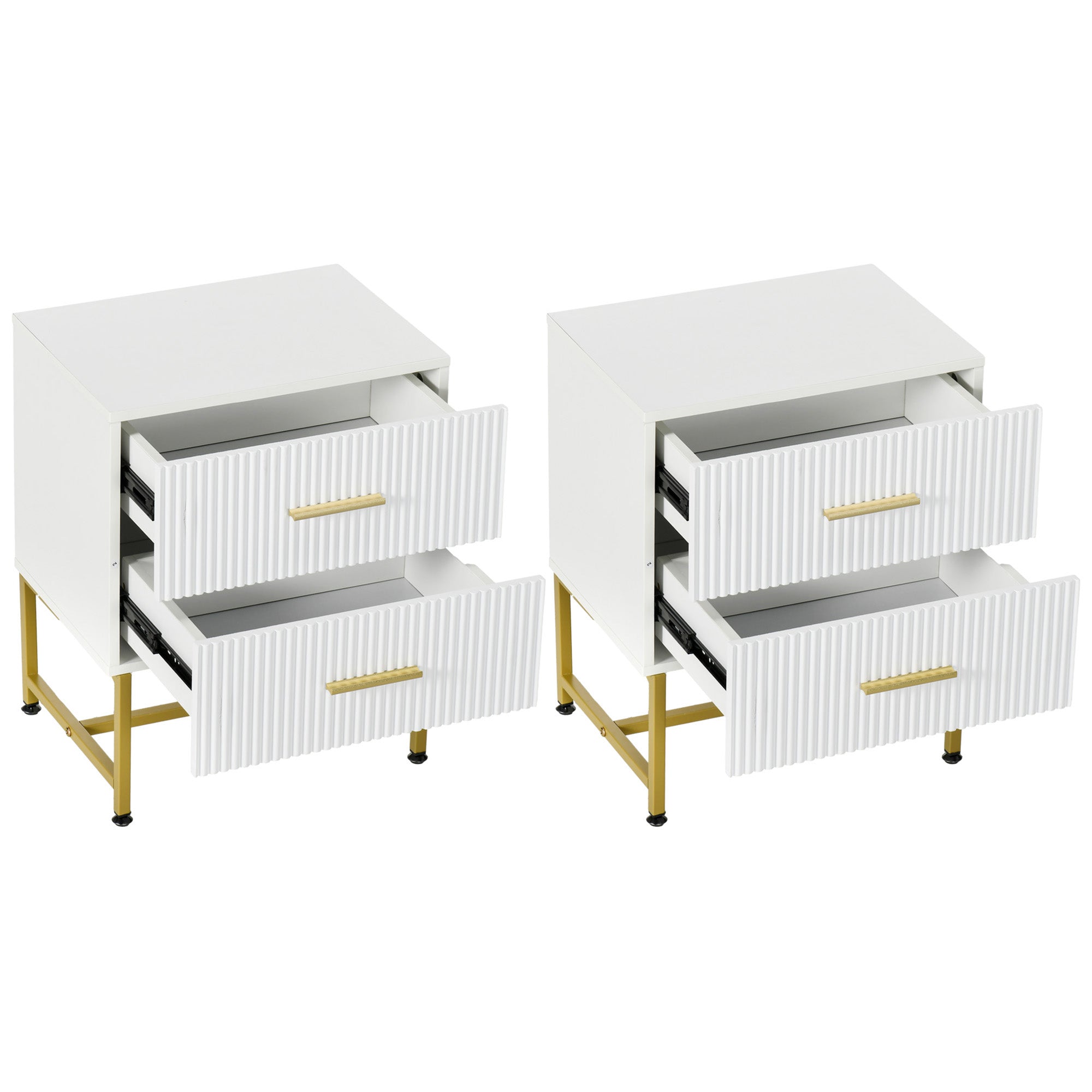2 Pieces Nightstands with Storage, Modern Bedside Tables with 2 Fluted Drawers and Gold Legs for Bedroom, White Bedside Tables White at Gallery Canada