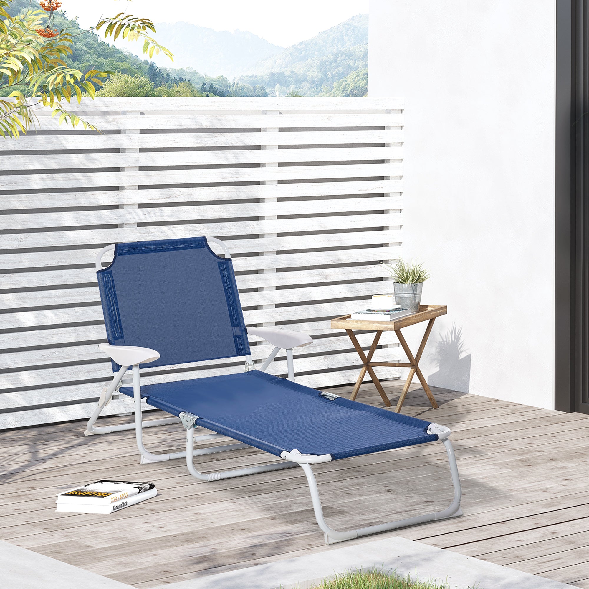 Outdoor Lounge Chair, Patio Garden Folding Chaise Lounge Sun Beach Reclining Tanning Chair with 4-Level Adjustable Backrest, Blue Lounger Chairs   at Gallery Canada