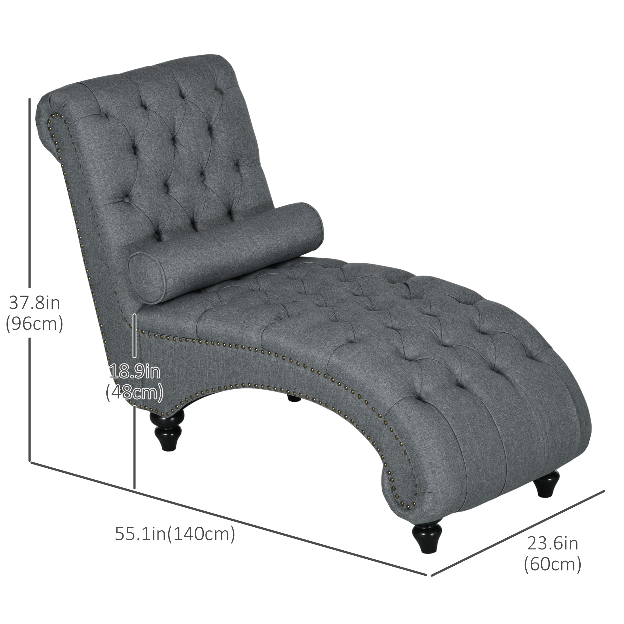 Button Tufted Chaise Lounge Chair Indoor Upholstered Lounge Chair with Bolster Pillow Wood Legs Nailhead Trim for Living Room Bedroom Home Office Grey Single Sofas   at Gallery Canada