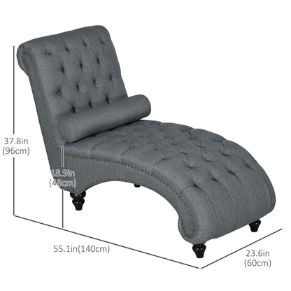 Button Tufted Chaise Lounge Chair Indoor Upholstered Lounge Chair with Bolster Pillow Wood Legs Nailhead Trim for Living Room Bedroom Home Office Grey Single Sofas   at Gallery Canada