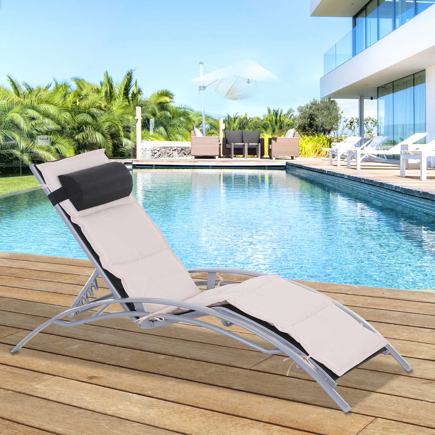 Aluminum Patio Tanning Chair with Soft Padded Seat Cushion, Outdoor Lounge Chair with 5-Level Adjustable Backrest &; Head Pillow, Beige Lounger Chairs Multi Colour  at Gallery Canada