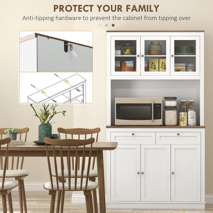 71" Kitchen Pantry Cabinet with Microwave Space, Buffet with Hutch, 2 Drawers, Adjustable Shelves and Glass Doors, White Kitchen Pantry Cabinets   at Gallery Canada