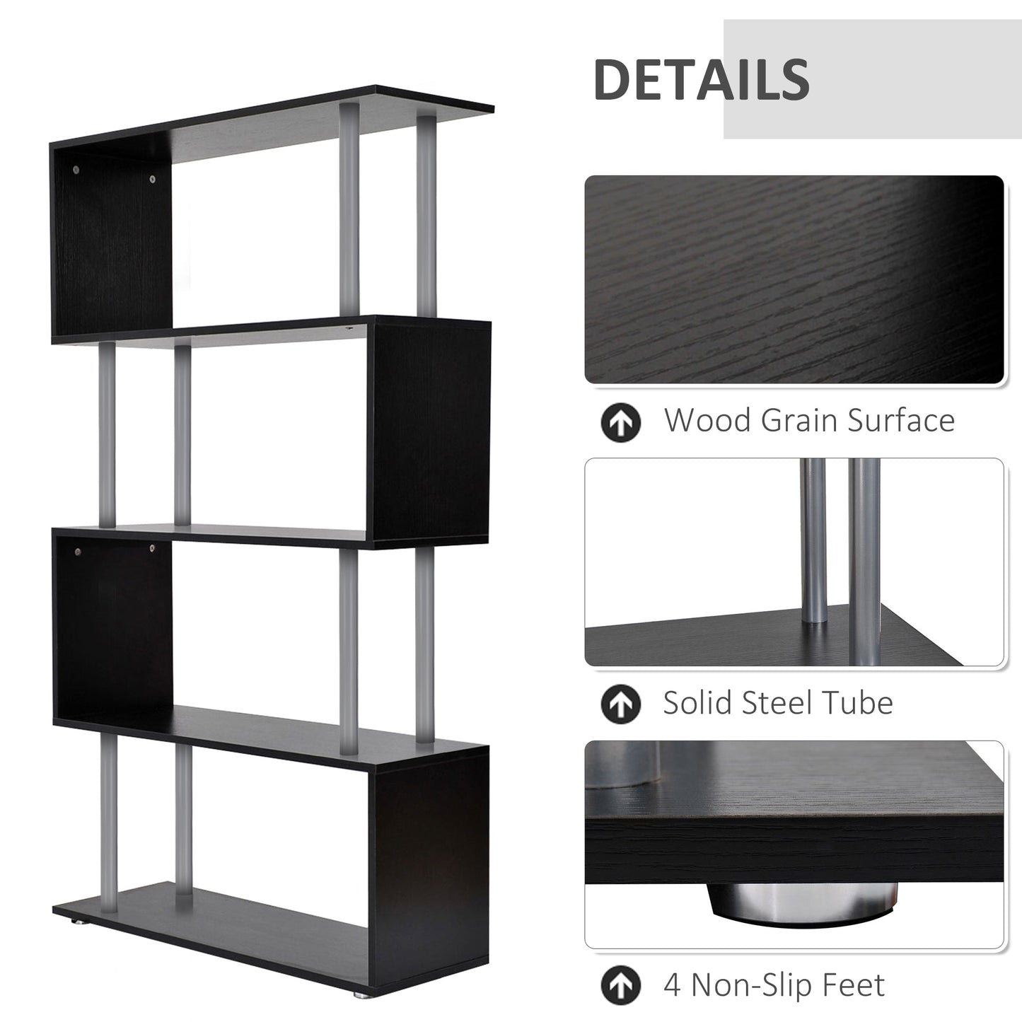 5-Tiers Wooden Bookcase Z-Shape Storage Bookshelf Display with Metal Frame for Living Room, Bedroom, Office, Black Display Bookshelves   at Gallery Canada