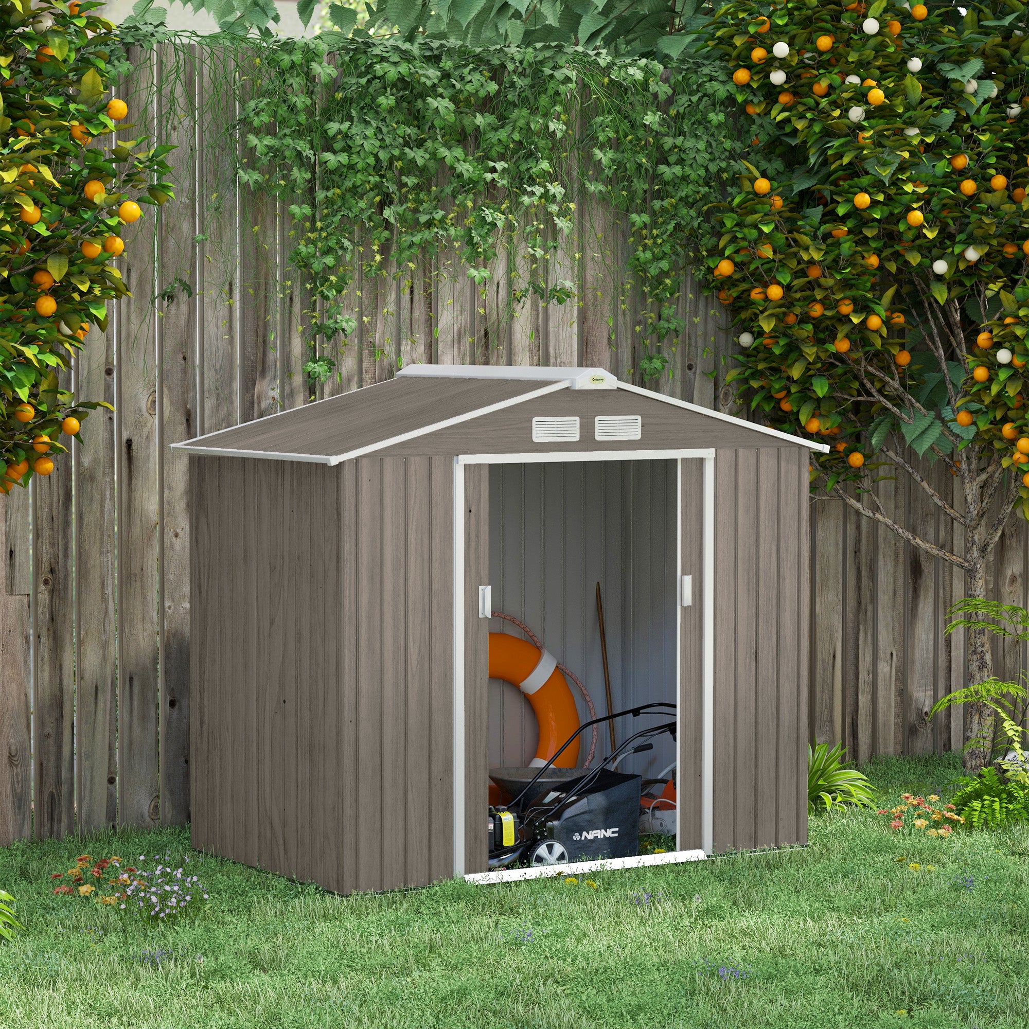 7' x 4' x 6' Garden Storage Shed Outdoor Patio Metal Tool Storage House w/ Foundation Kit and Double Doors Light Brown Sheds at Gallery Canada