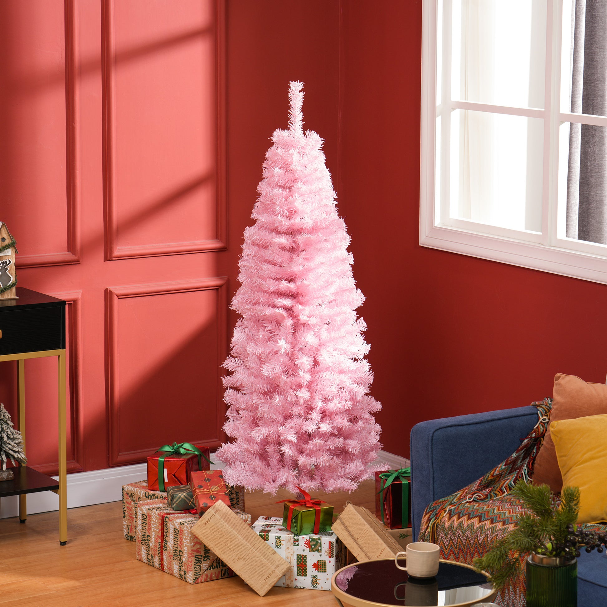 5FT Pencil Christmas Tree, Artificial Christmas Tree with Automatic Open for Home Party, Pink Pencil Christmas Trees   at Gallery Canada