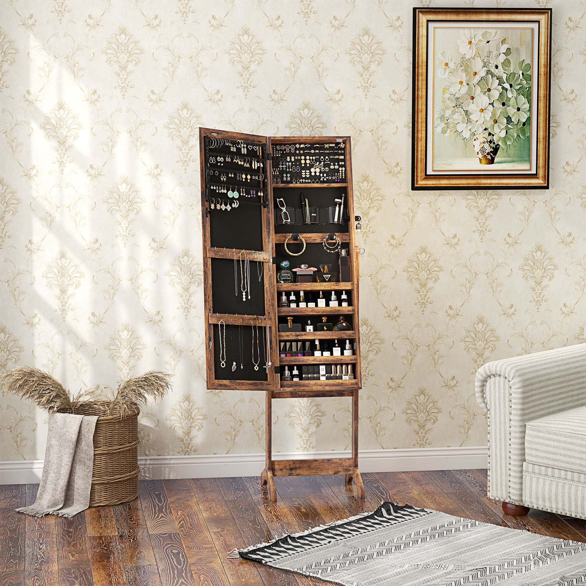 Lockable Jewelry Armoire with LED Light, Standing Mirror with Storage for Bedroom Dressing Room, Rustic Brown Jewelry Armoire & Jewellery Mirror Cabinets at Gallery Canada