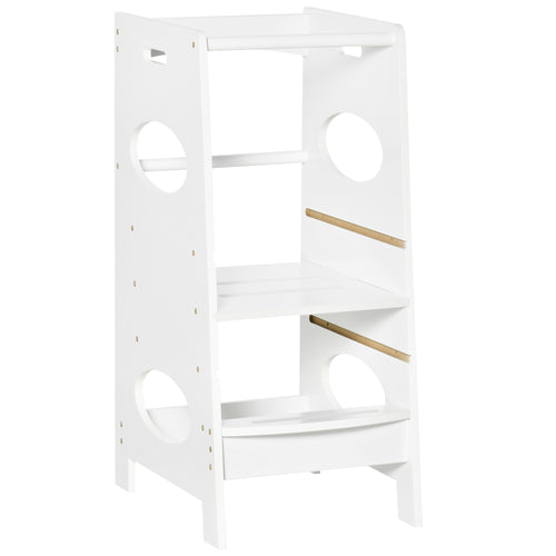 Toddler Tower Kitchen Helper with 3-Level Adjustable Height, Heavy-Duty Kids Step Stool with Safety Rail, White