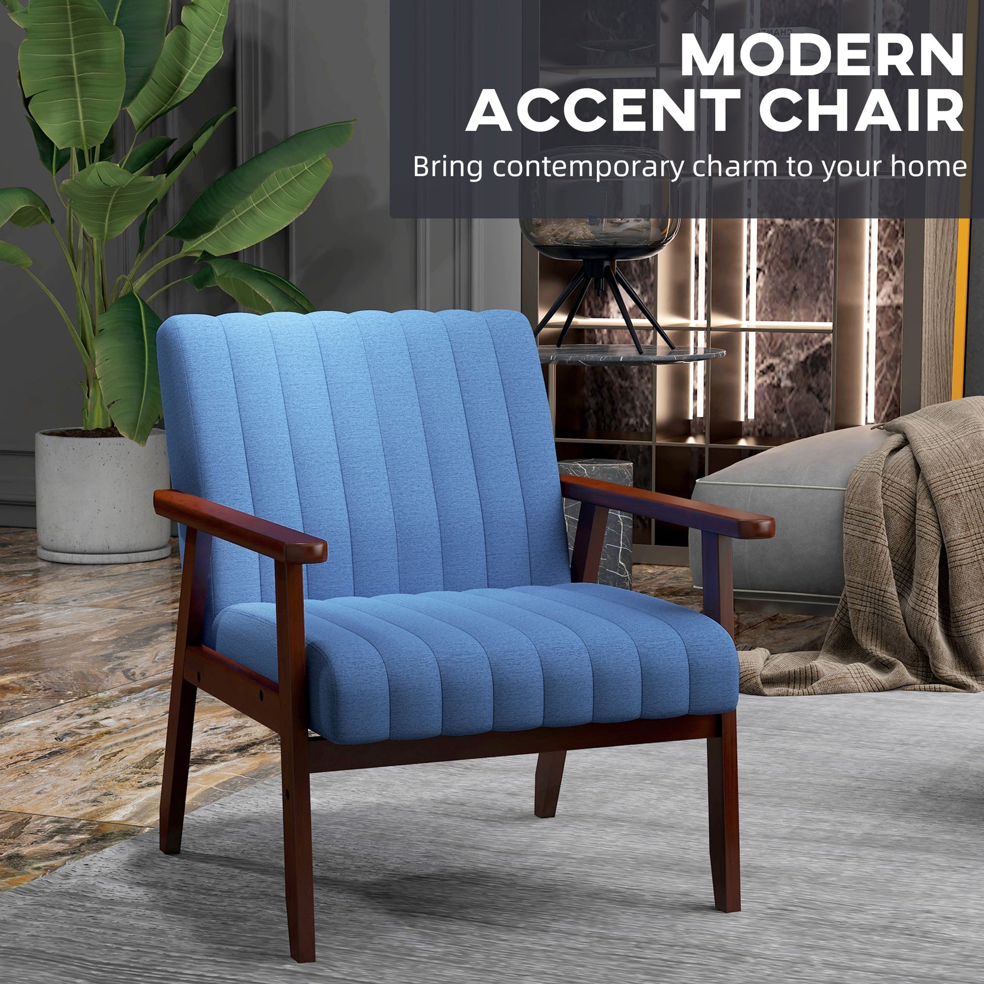 Upholstered Armchair, Modern Accent Chair with Wood Legs and Tufting Design for Living Room, Bedroom, Dark Blue Accent Chairs   at Gallery Canada