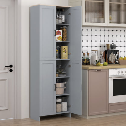 67" 4-Door Kitchen Pantry Cabinet, Freestanding Storage Cabinet Cupboard with Adjustable Shelves, Grey Kitchen Pantry Cabinets Grey and Natural Wood Effect Top  at Gallery Canada