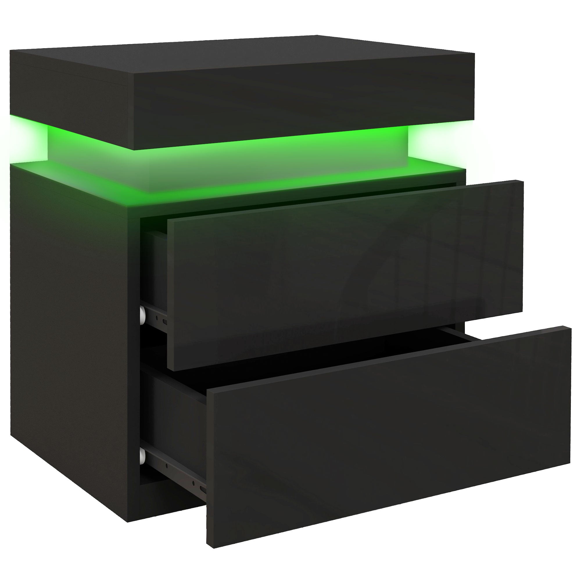 High Gloss Nightstand, Bedside Table with LED Lights and 2 Drawers for Bedroom, Living Room, Black Bedside Tables   at Gallery Canada