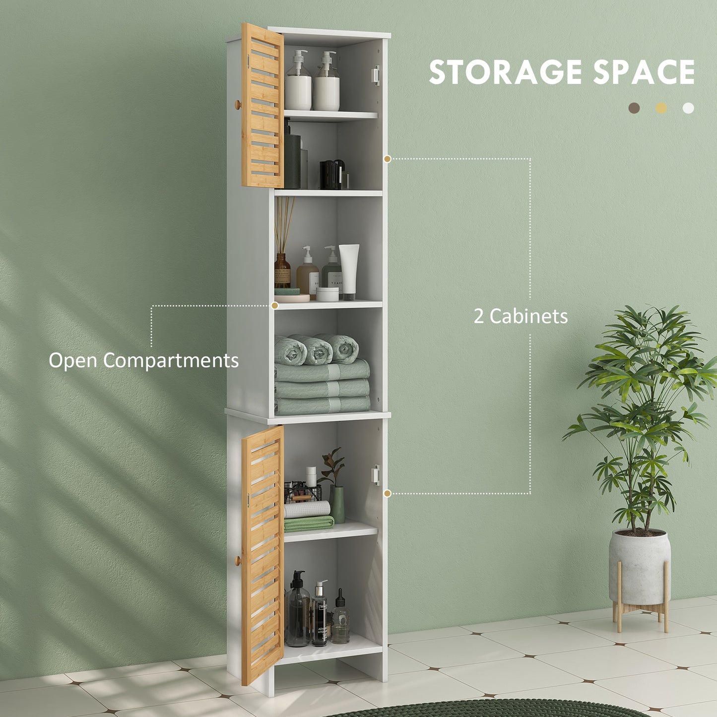 Tall Bathroom Cabinet with Bamboo Doors, Bathroom Storage Cabinet with Adjustable Shelves and Open Compartments, White Bathroom Cabinets   at Gallery Canada