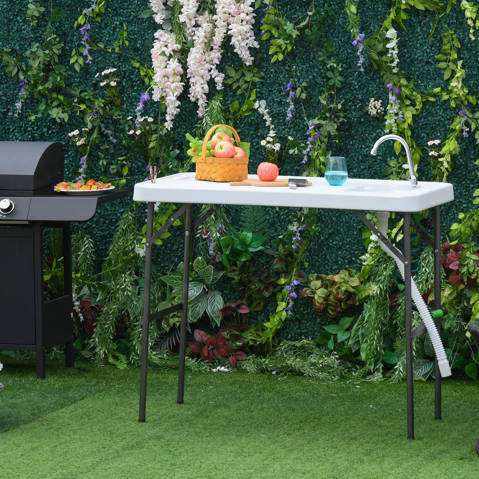 Folding Table Fish Table Cleaning Wash Table with Sink, Faucet and Spray Cleaner for BBQ Camping Picnic Garden 45