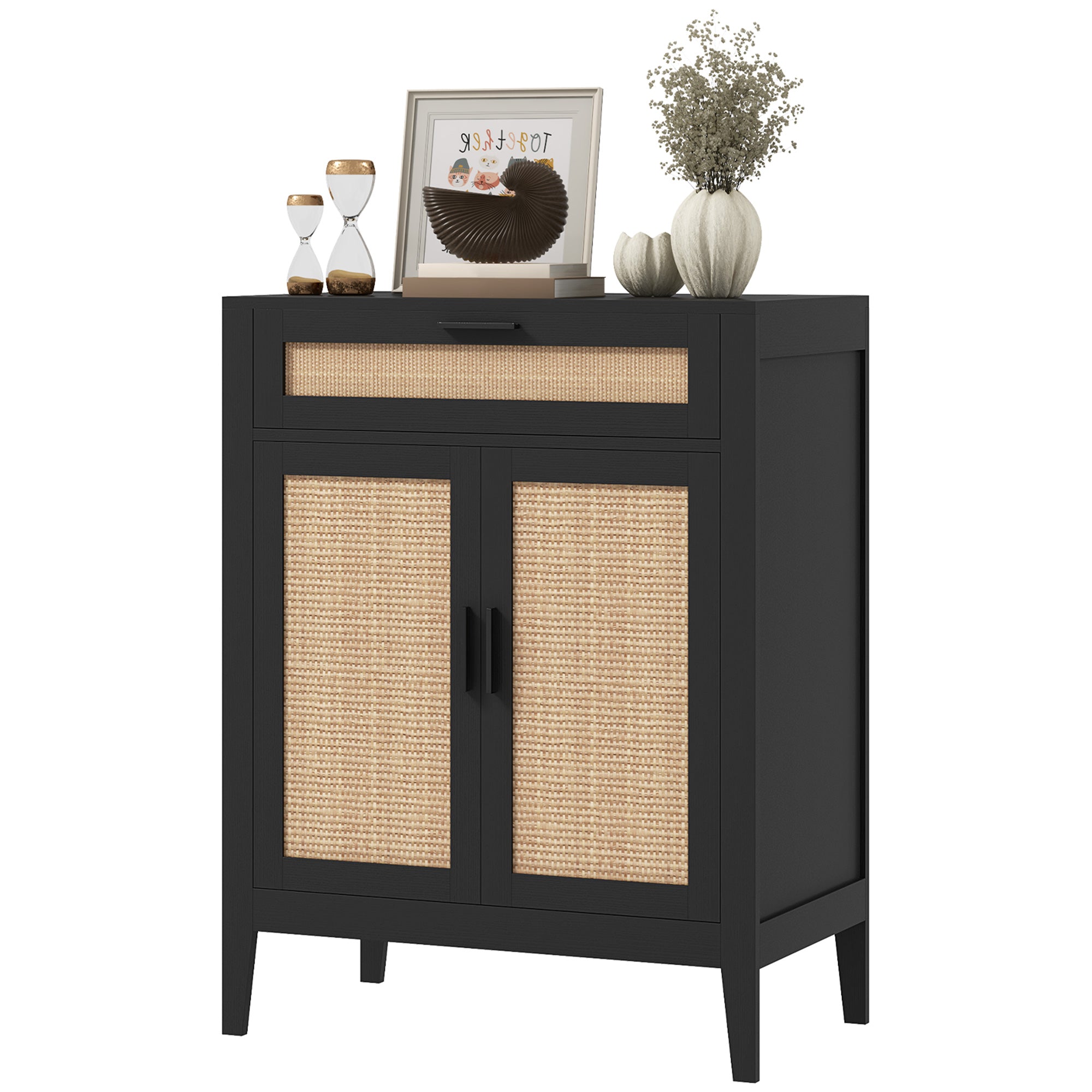 Kitchen Sideboard, Boho Storage Cabinet with 2 Rattan Decorated Doors and Drawer for Dining Room, Black Storage Cabinets   at Gallery Canada