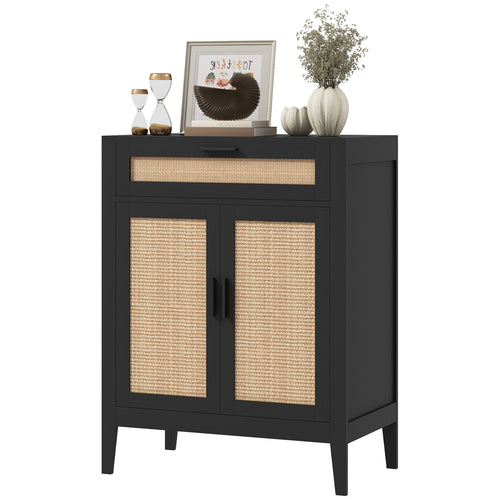 Kitchen Sideboard, Boho Storage Cabinet with 2 Rattan Decorated Doors and Drawer for Dining Room, Black