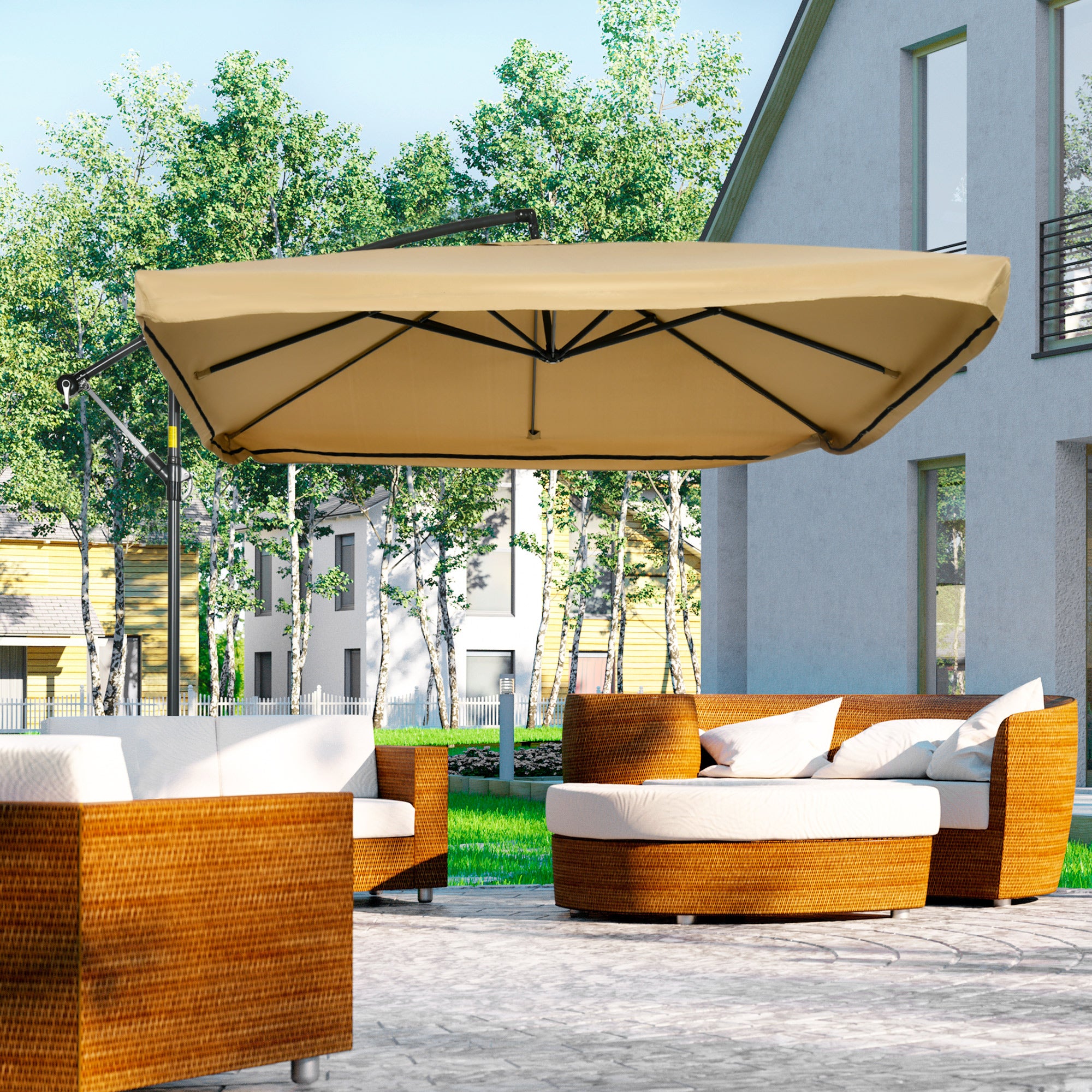 Offset Patio Umbrella with Net and Umbrella Base, Adjustable Cantilever Canopy with Cross Base, Weight Plates and 8 Ribs for Backyard, Poolside, Garden, Beige Cantilever Umbrellas at Gallery Canada