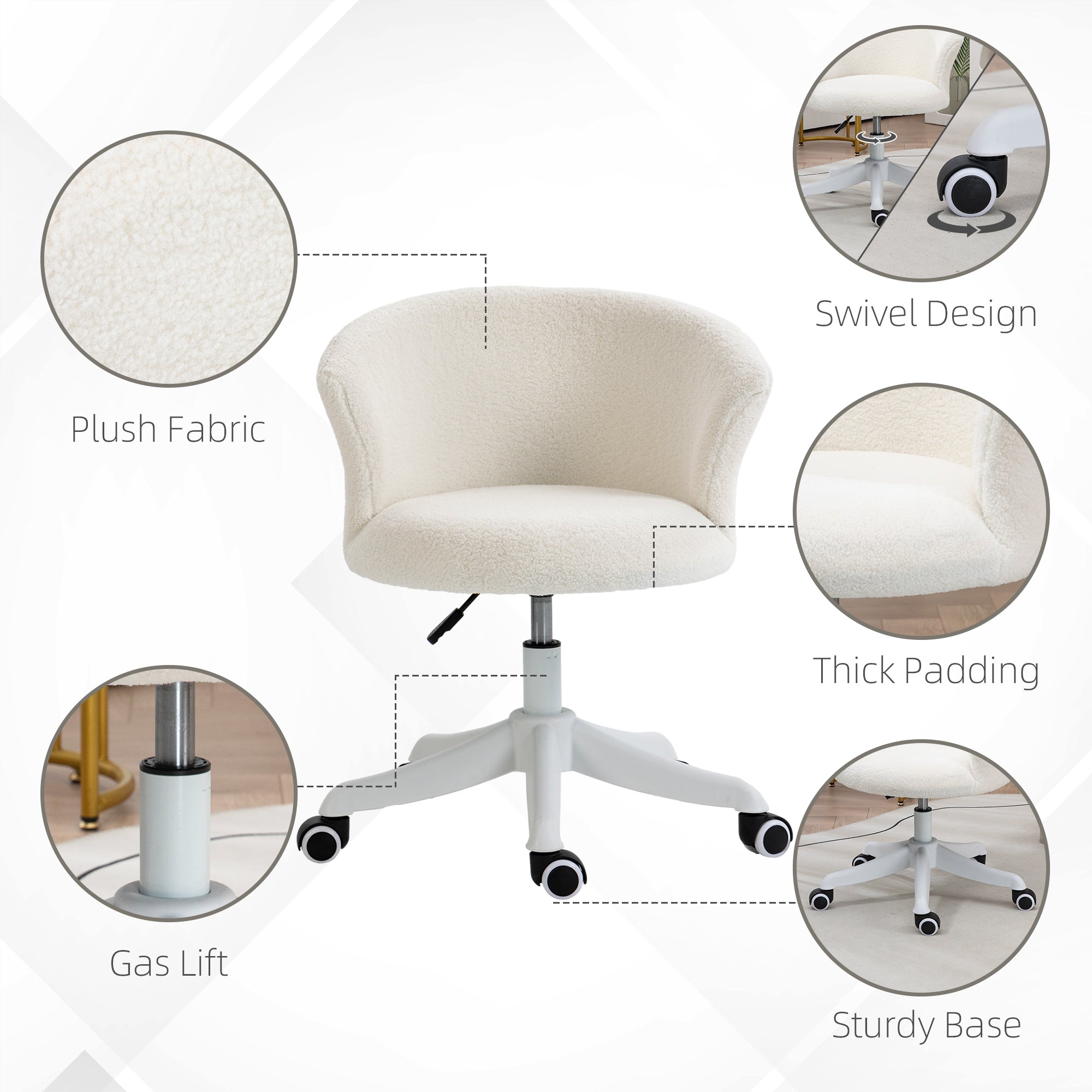 Armless Office Chair, Fluffy Computer Desk Chair with Adjustable Height, Swivel Wheels, Mid Back, White Task Chairs at Gallery Canada
