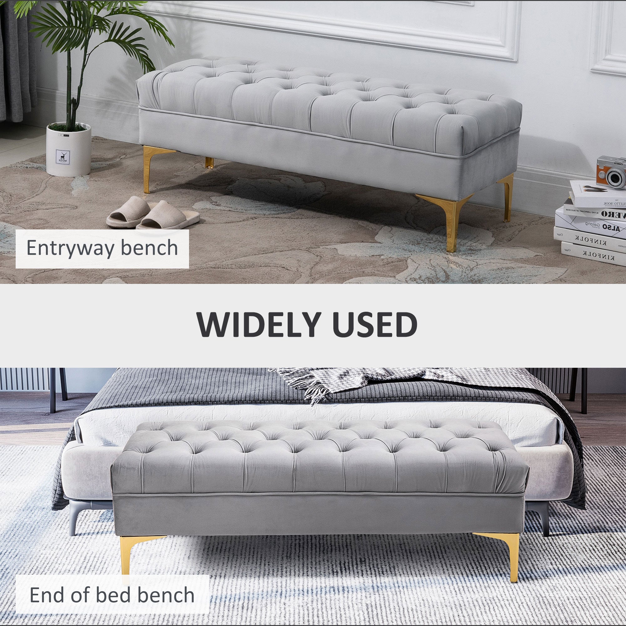 End of Bed Bench, Upholstered Bench, Entryway Shoe Bench with Button Tufted for Living Room, Bedroom, Grey Storage Ottomans & Benches at Gallery Canada