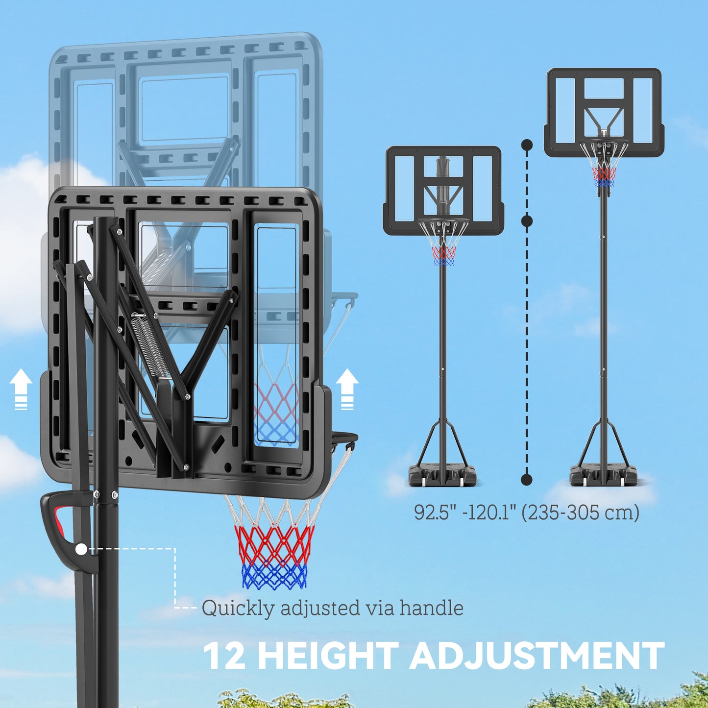 7.7-10ft Portable Basketball Hoop, Basketball Goal with Free Weight, Wheels, 43" Backboard and Fillable Base Basketball   at Gallery Canada