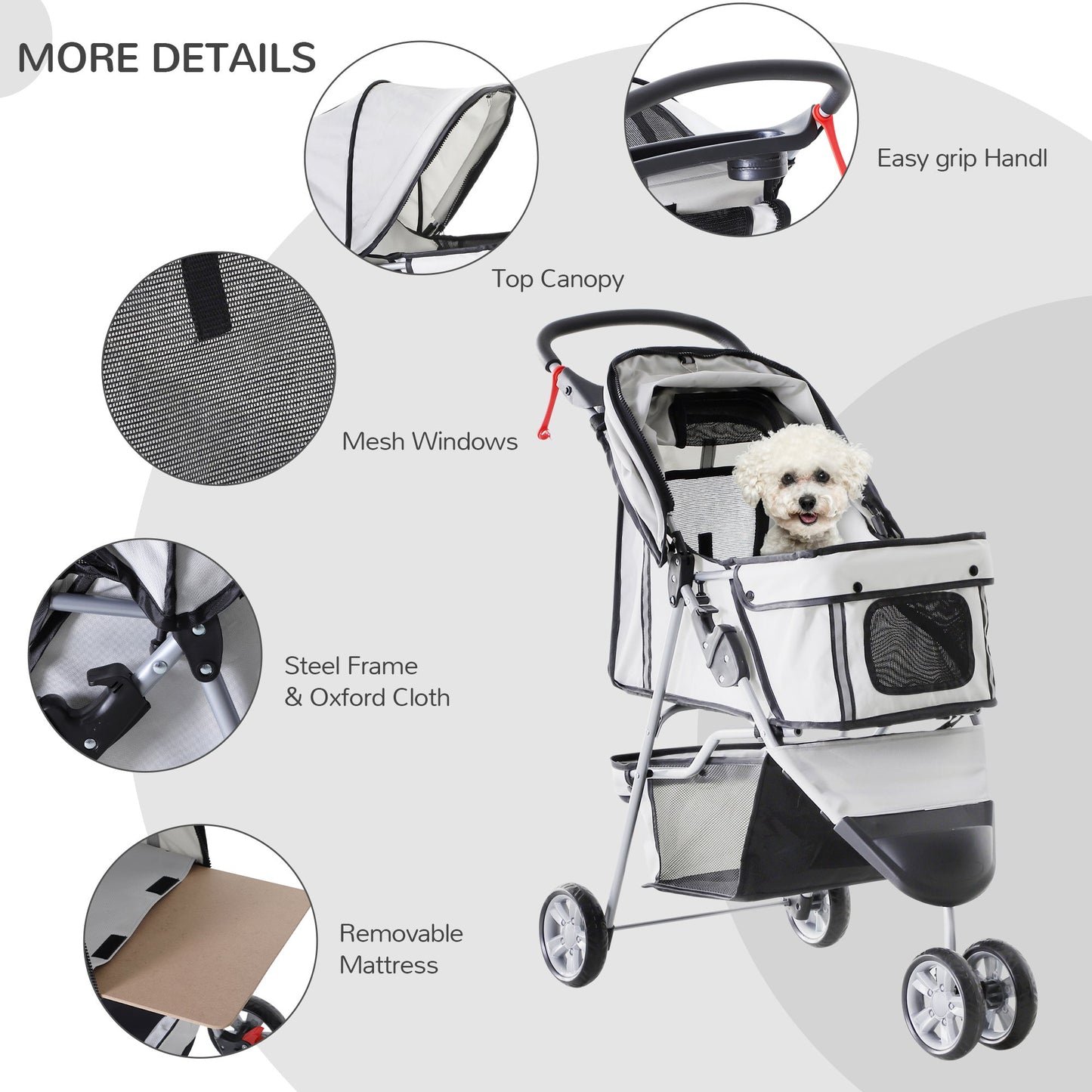 Deluxe 3 Wheels Pet Stroller Foldable Dog Cat Carrier Strolling Jogger with Brake, Canopy, Cup Holders and Bottom Storage Space (Grey) Dog Bike Trailers & Strollers   at Gallery Canada