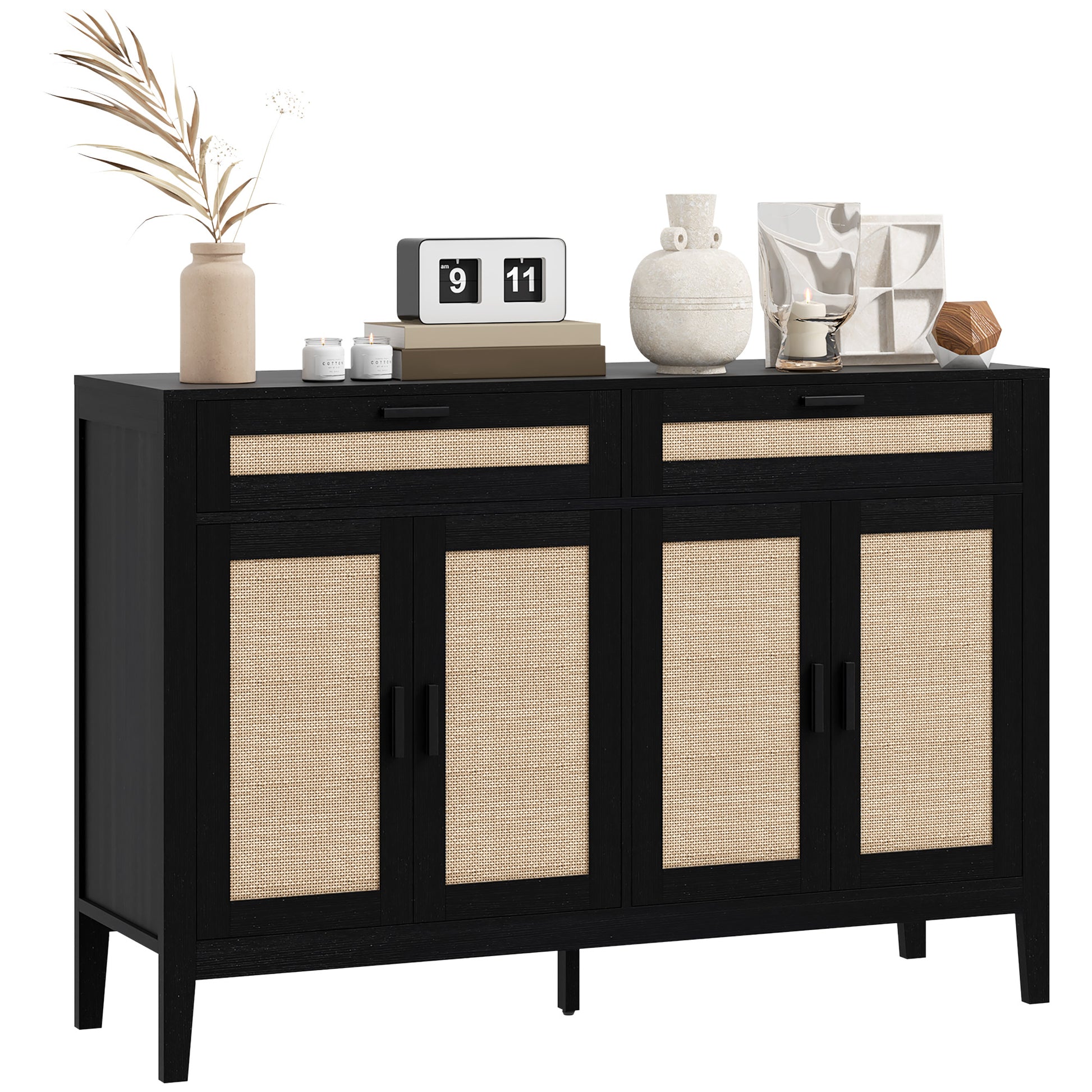 Kitchen Sideboard Cabinet, Boho Buffet Table with Decorative Rattan Doors and Drawers for Dining Room, Black Storage Cabinets   at Gallery Canada