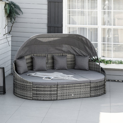 4 Pieces Patio PE Wicker Round Daybed, Outdoor Rattan Garden Lounge Furniture Sets, Grey