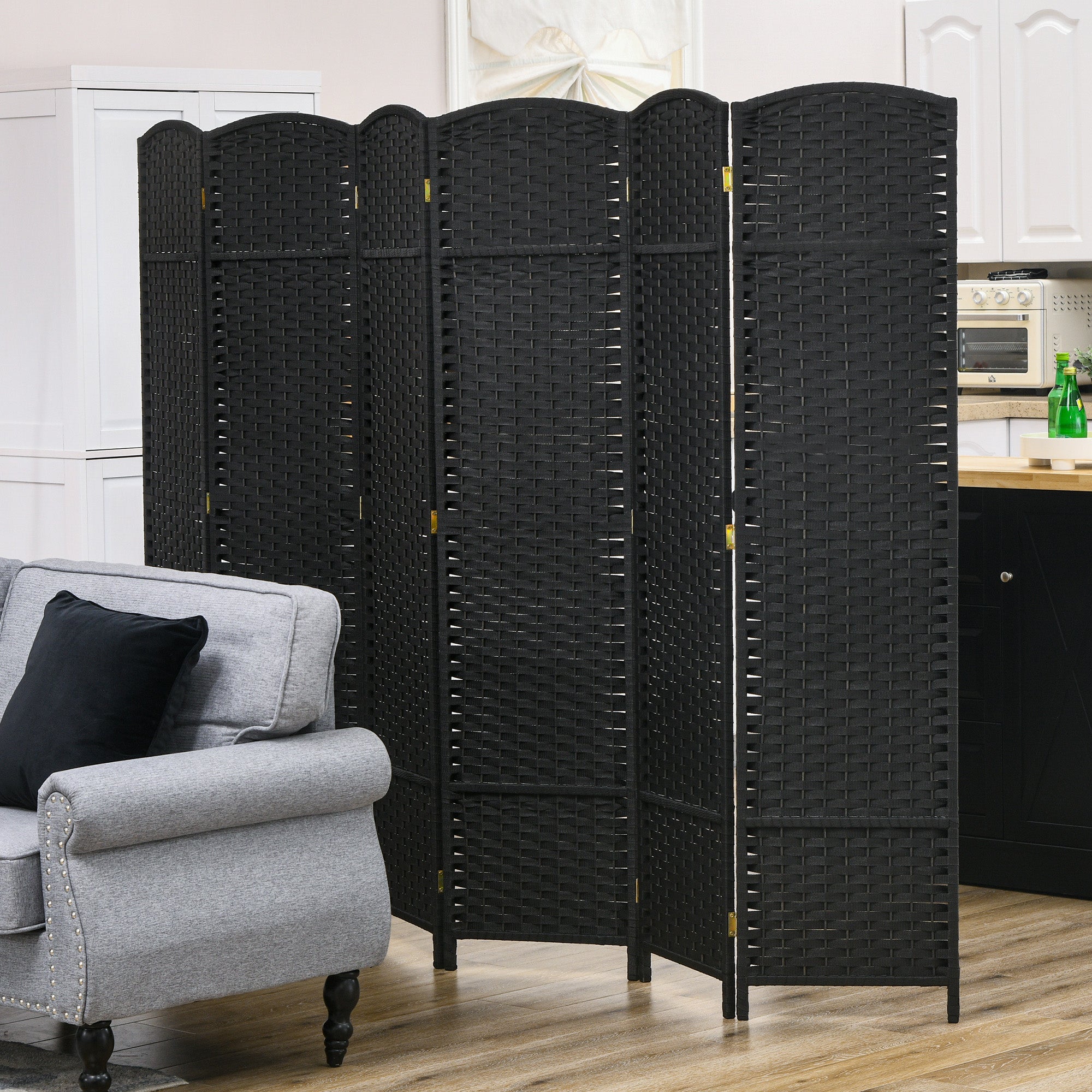 5.6 Ft Tall Folding Room Divider, 6 Panel Portable Privacy Screen, Hand-Woven Partition Wall Divider, Black Room Dividers   at Gallery Canada