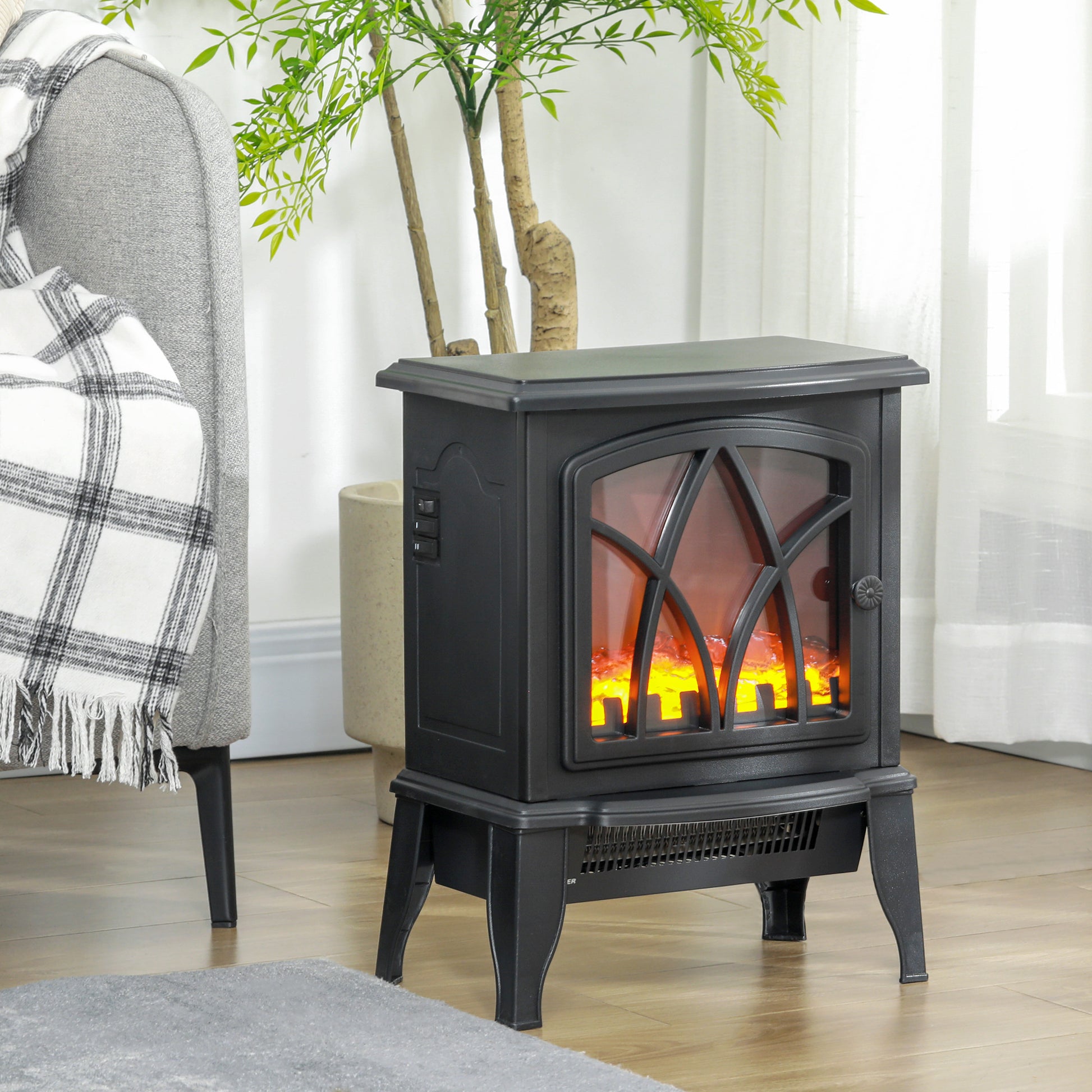 Electric Fireplace Heater, Freestanding Fireplace Stove with Realistic Flame and Overheat Protection, 750W/1500W, Black Electric Fireplaces Black  at Gallery Canada