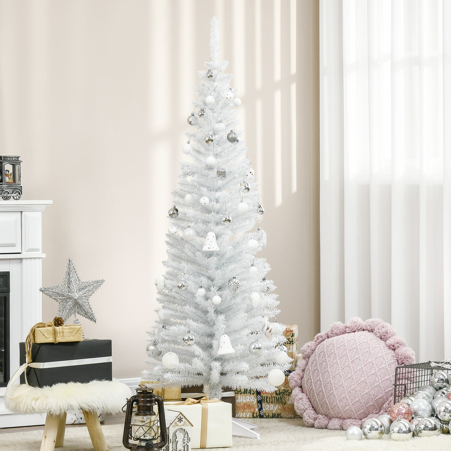 5FT Artificial Christmas Tree, Pencil Christmas Tree with Realistic Branches, Stable Stand, White Pencil Christmas Trees   at Gallery Canada