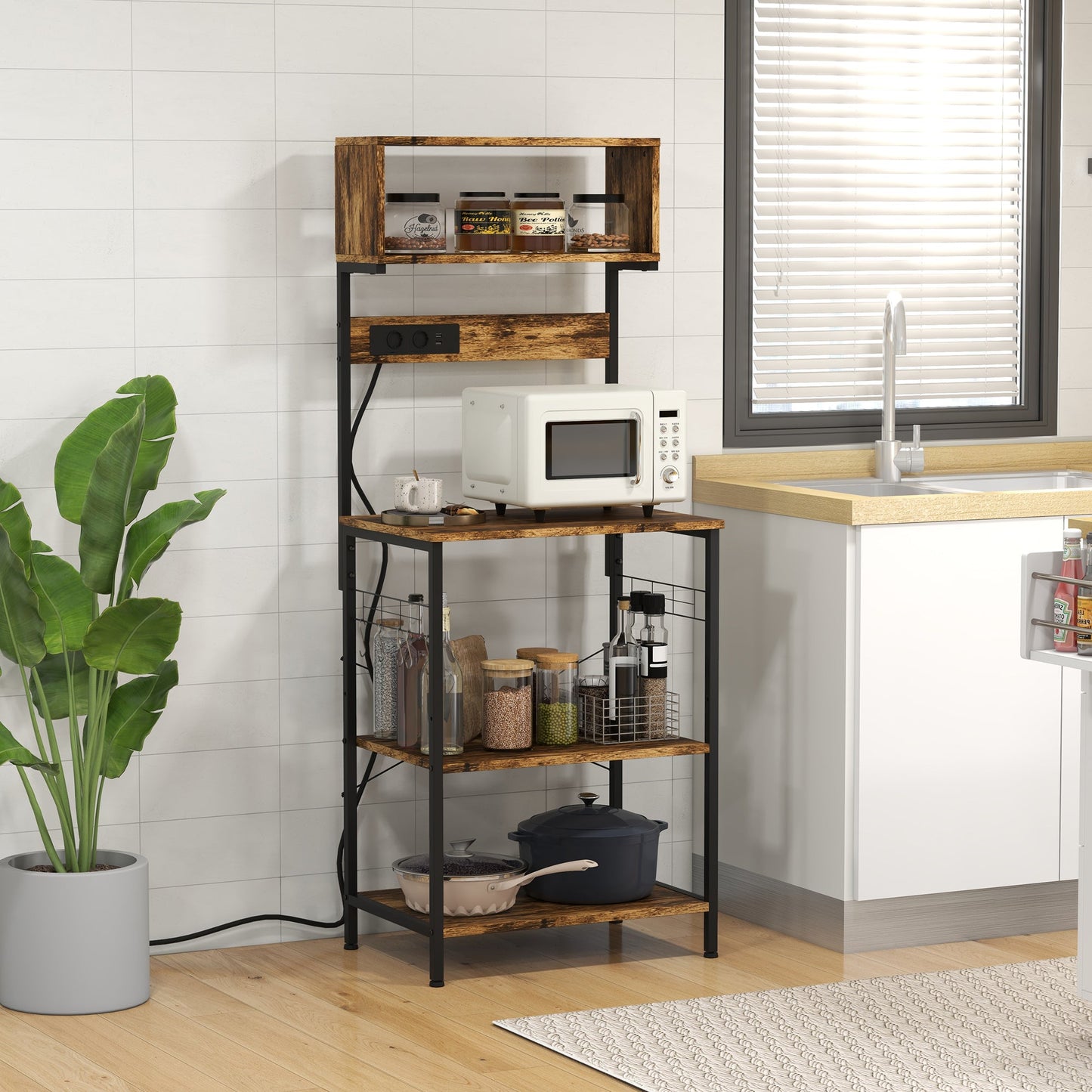 Baker's Rack with Charing Station, Microwave Shelf with Power Outlet, USB Charger and 5 Hooks, Rustic Brown Storage Cabinets   at Gallery Canada