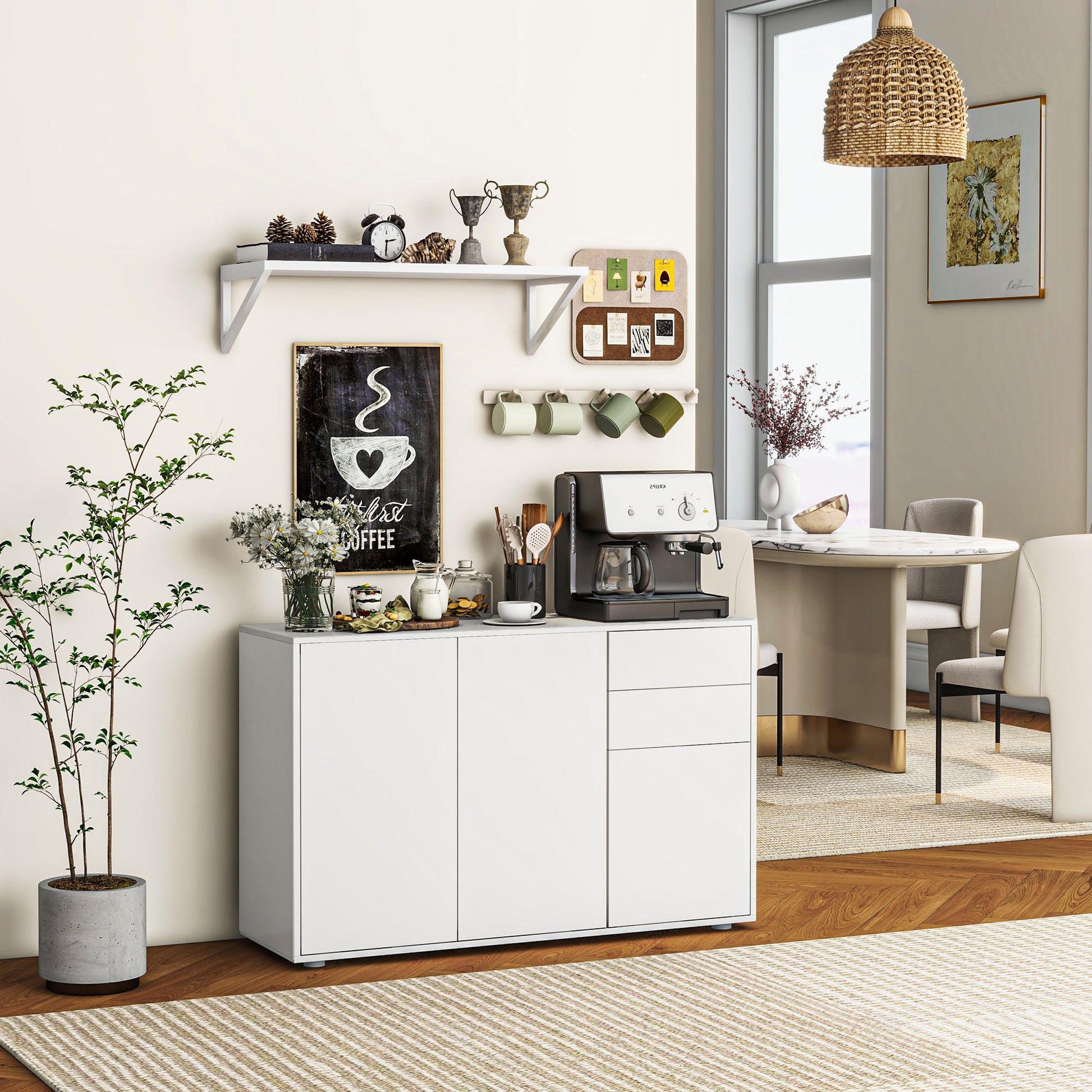 Kitchen Sideboard Storage Cabinet, Modern Coffee Bar with Push-Open Design and 2 Drawers for Living Room, White Kitchen Pantry Cabinets   at Gallery Canada