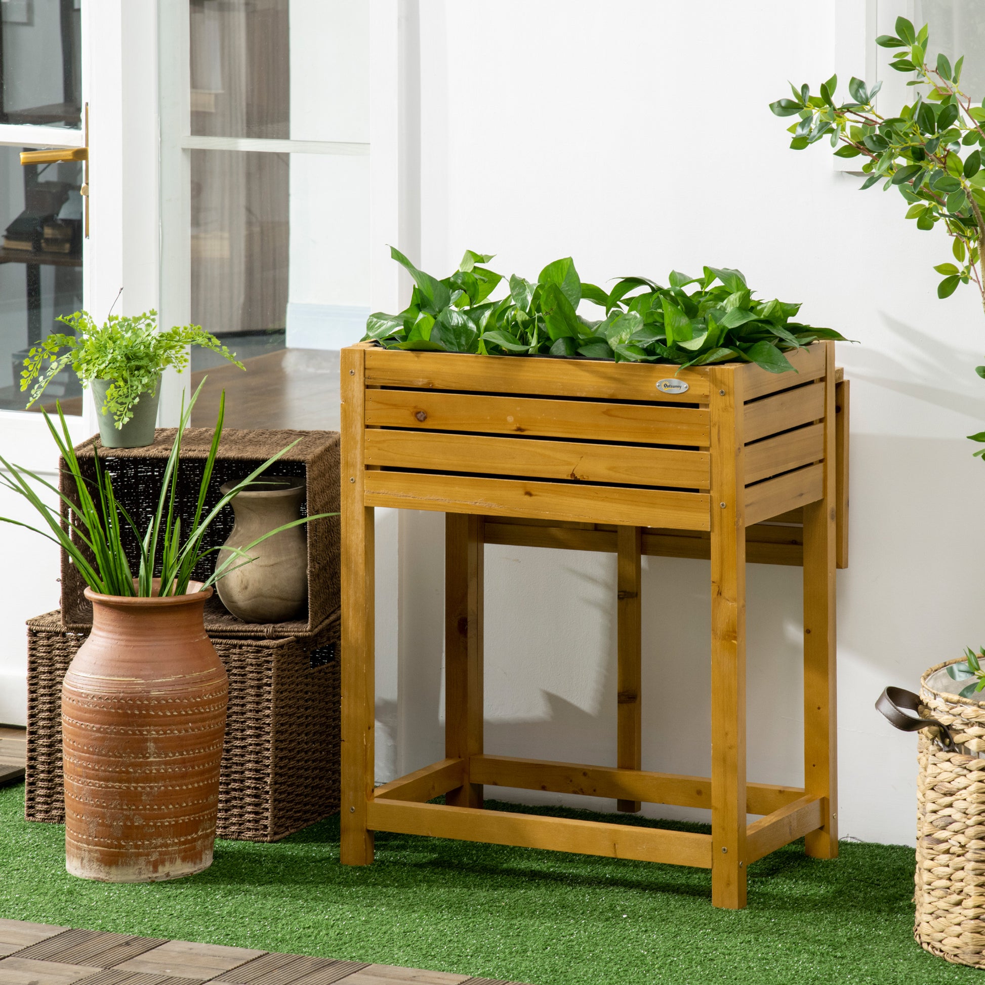 Raised Garden Bed with Folding Side Table, Elevated Wood Planter Box for Flowers and Vegetables, Use for Patio, Balcony Raised Garden Beds Brown at Gallery Canada