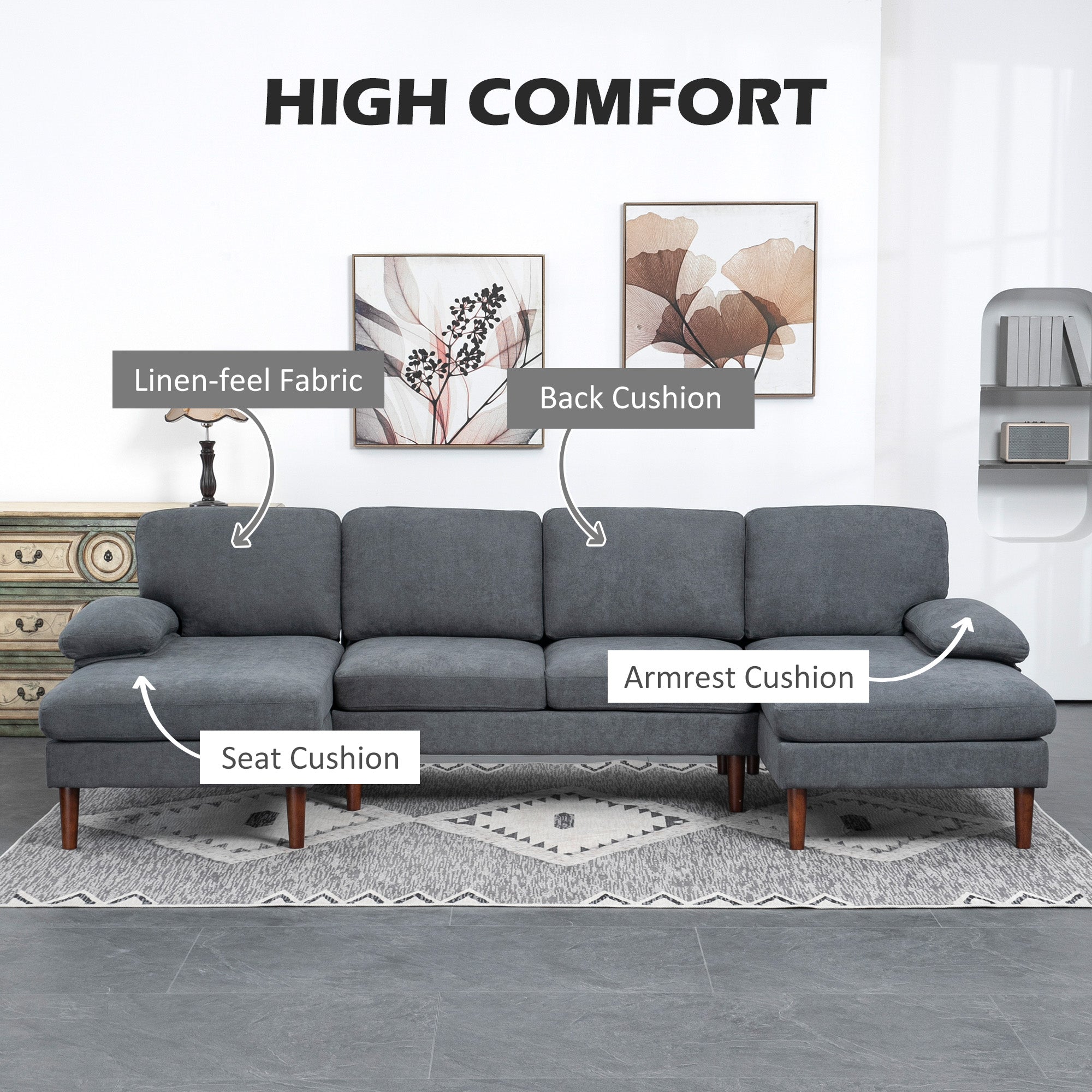 U Shape Couch with Double Chaise Lounge, Modern 4 Seater Sofa with Wooden Legs, Fabric Sofa for Living Room, Dark Grey 3-Seater Sofas   at Gallery Canada