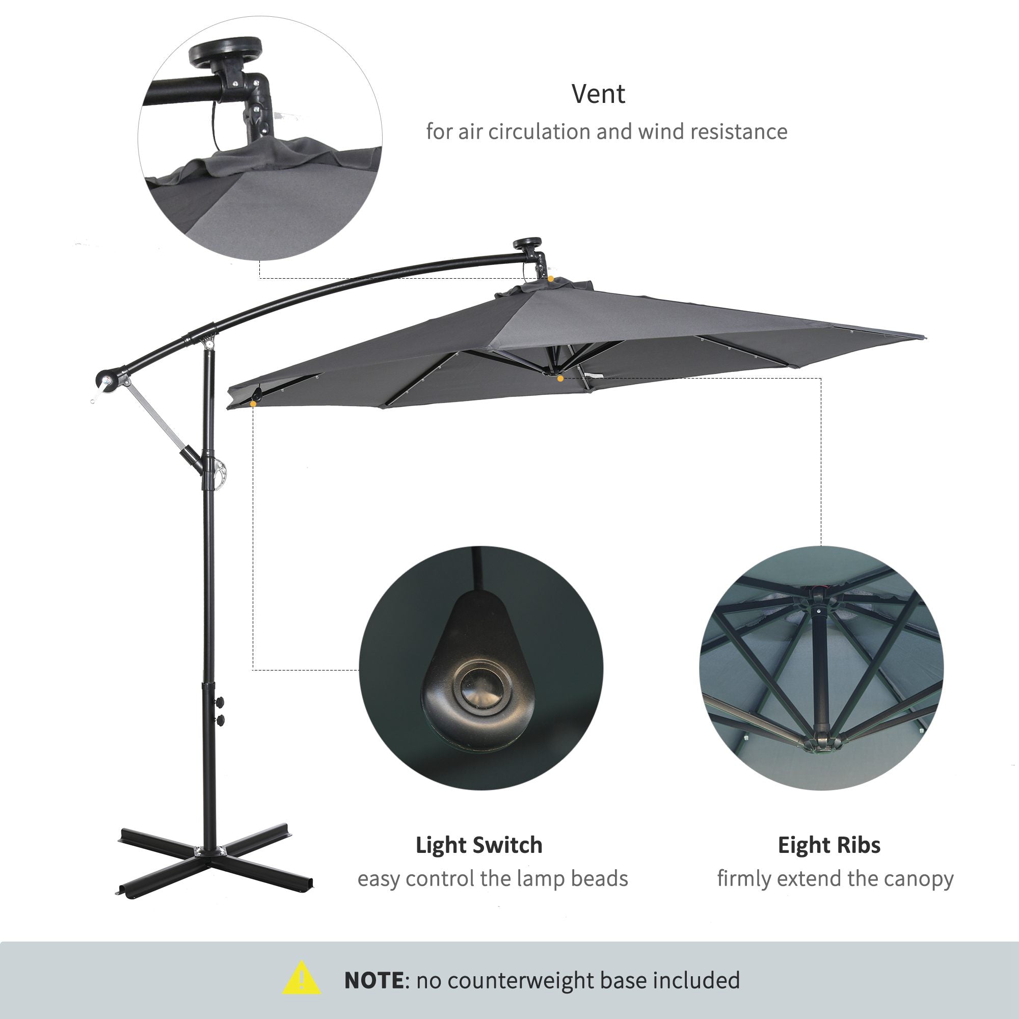 10ft Outdoor Cantilever Umbrella with Solar Lights, Banana Umbrella with Adjustable Angle for Patio, Backyard, Dark Gray Cantilever Umbrellas at Gallery Canada