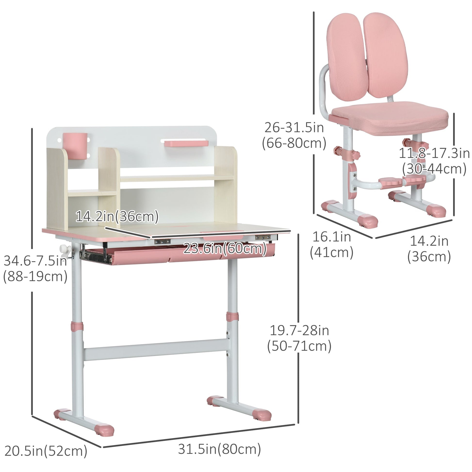 Kids Desk and Chair Set, Height Adjustable Student Writing Desk &; Chair with Adaptive Seat Back, Footrests, Bookshelf, Drawer, Pen Holder, Pink Kids Desk Sets   at Gallery Canada