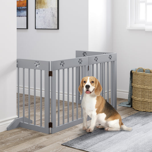 Freestanding Pet Gate 4 Panel Wooden Dog Barrier Folding Safety Fence with Support Feet for Doorway Stairs Light Grey Houses, Kennels & Pens   at Gallery Canada