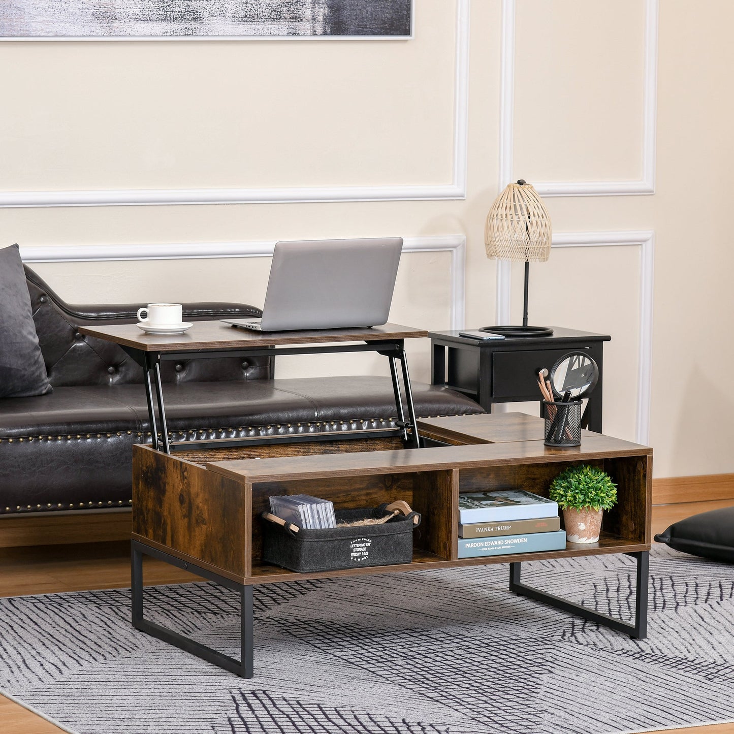 Lift Top Coffee Table with Hidden Storage, Side Drawer, Metal Frame, Tigerwood Coffee Tables   at Gallery Canada