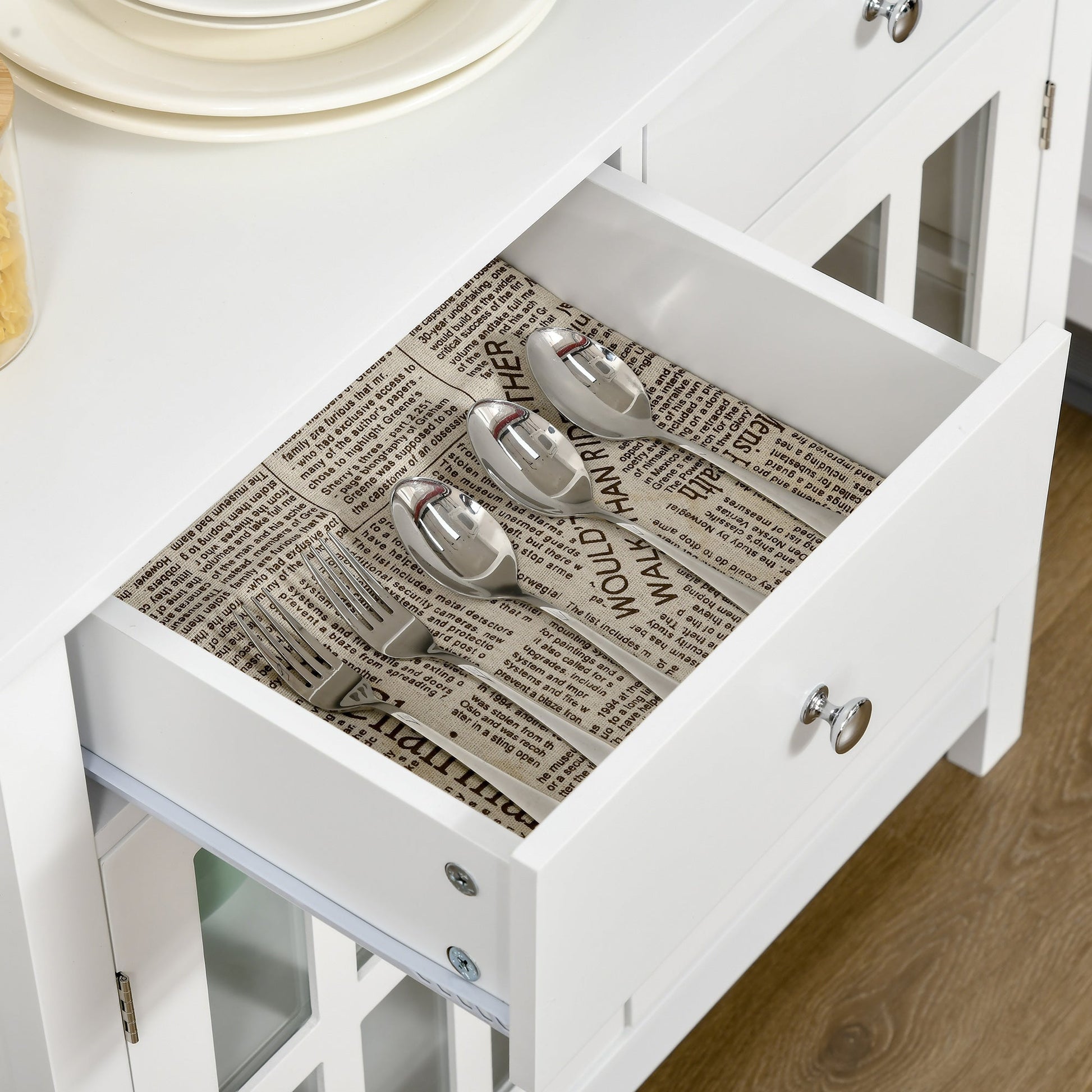 Sideboard Buffet Cabinet, Accent Kitchen Cabinet with Glass Doors, Adjustable Shelf and 2 Drawers, White Bar Cabinets   at Gallery Canada