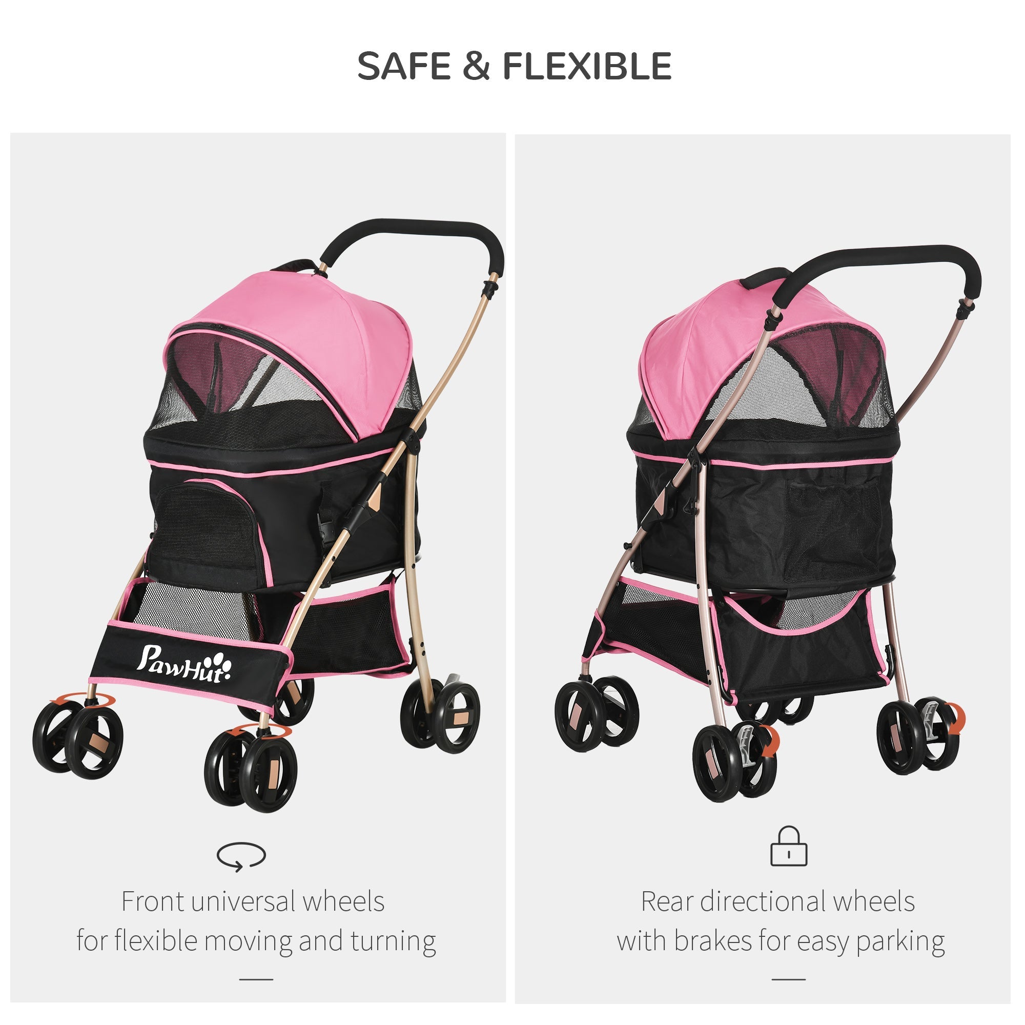 4 Wheels Pet Stroller, 3 in 1 Dog Cat Travel Folding Carrier, for Small Dogs, Detachable, w/ Brake, Canopy, Basket, Storage Bag - Pink Dog Bike Trailers & Strollers   at Gallery Canada