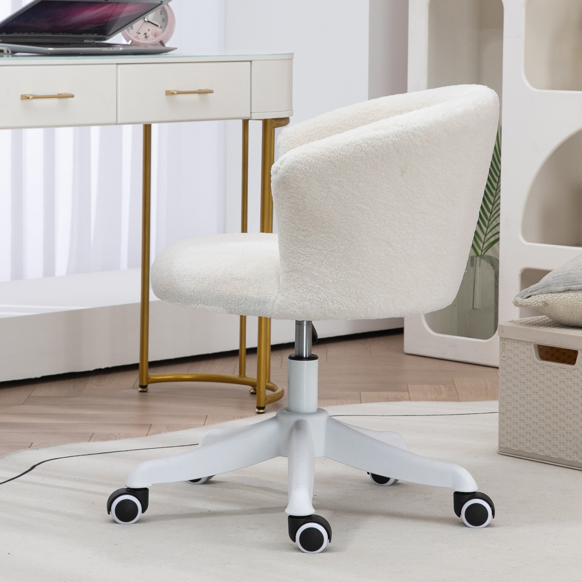 Armless Office Chair, Fluffy Computer Desk Chair with Adjustable Height, Swivel Wheels, Mid Back, White Task Chairs at Gallery Canada