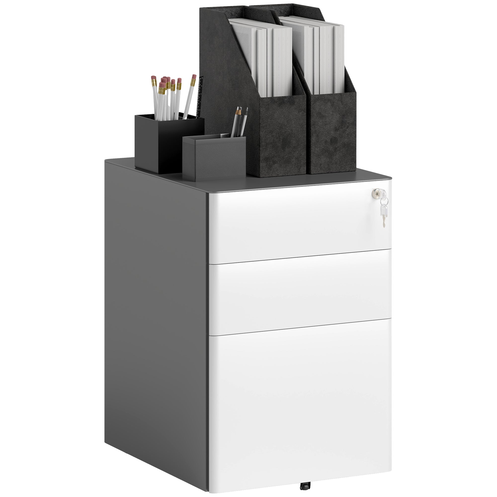 3 Drawer Filing Cabinet, Home Office Storage Cabinet with Wheels, Lock for A4, Letters, Legal-sized Files, Grey and White Office Cabinets & Cupboards at Gallery Canada