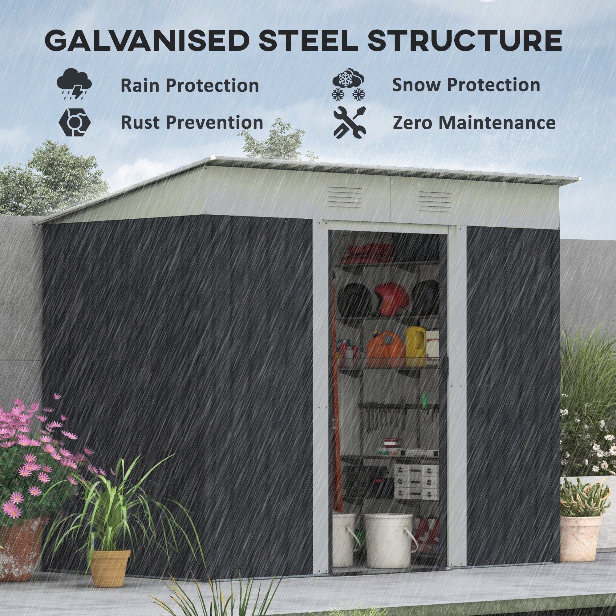 7' x 4' Outdoor Storage Shed, Metal Garden Tool Storage House Organizer with Lockable Sliding Doors and Vents for Backyard Patio Lawn, Charcoal Grey Sheds at Gallery Canada