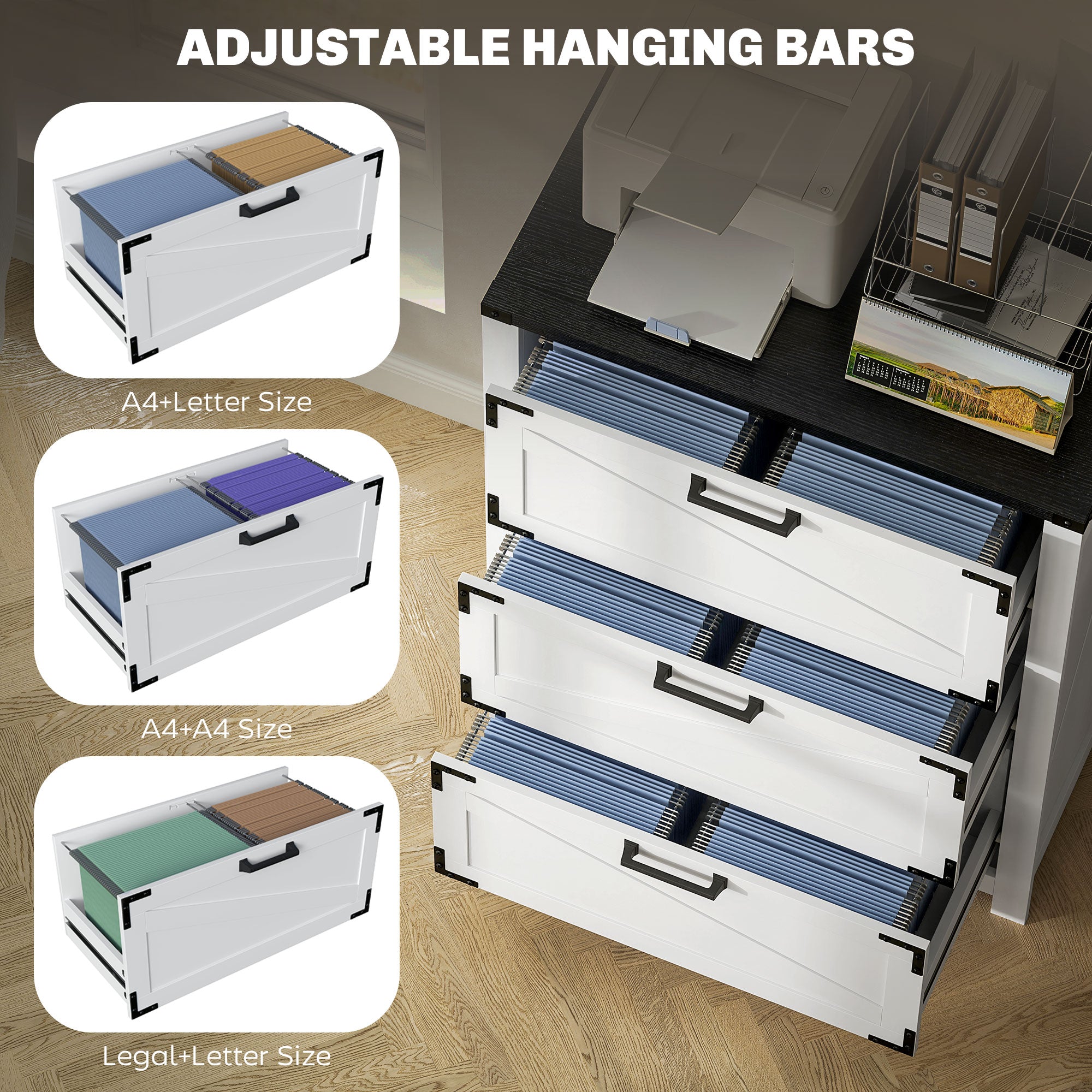 3 Drawer Filing Cabinet, Farmhouse Office Storage Cabinet with Adjustable Hanging Bars for Letter, A4, Legal Size, White Office Cabinets & Cupboards at Gallery Canada
