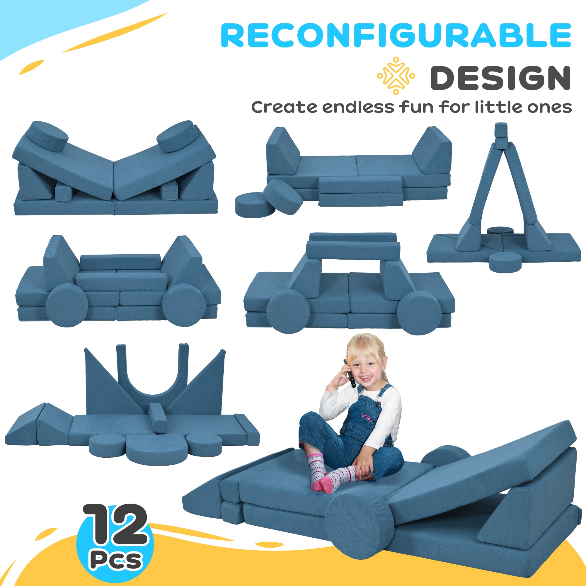 12-Piece Modular Kids Play Couch Building Fort for Playroom Bedroom, Convertible Kids Sofa, Blue Kids Chairs & Seating   at Gallery Canada