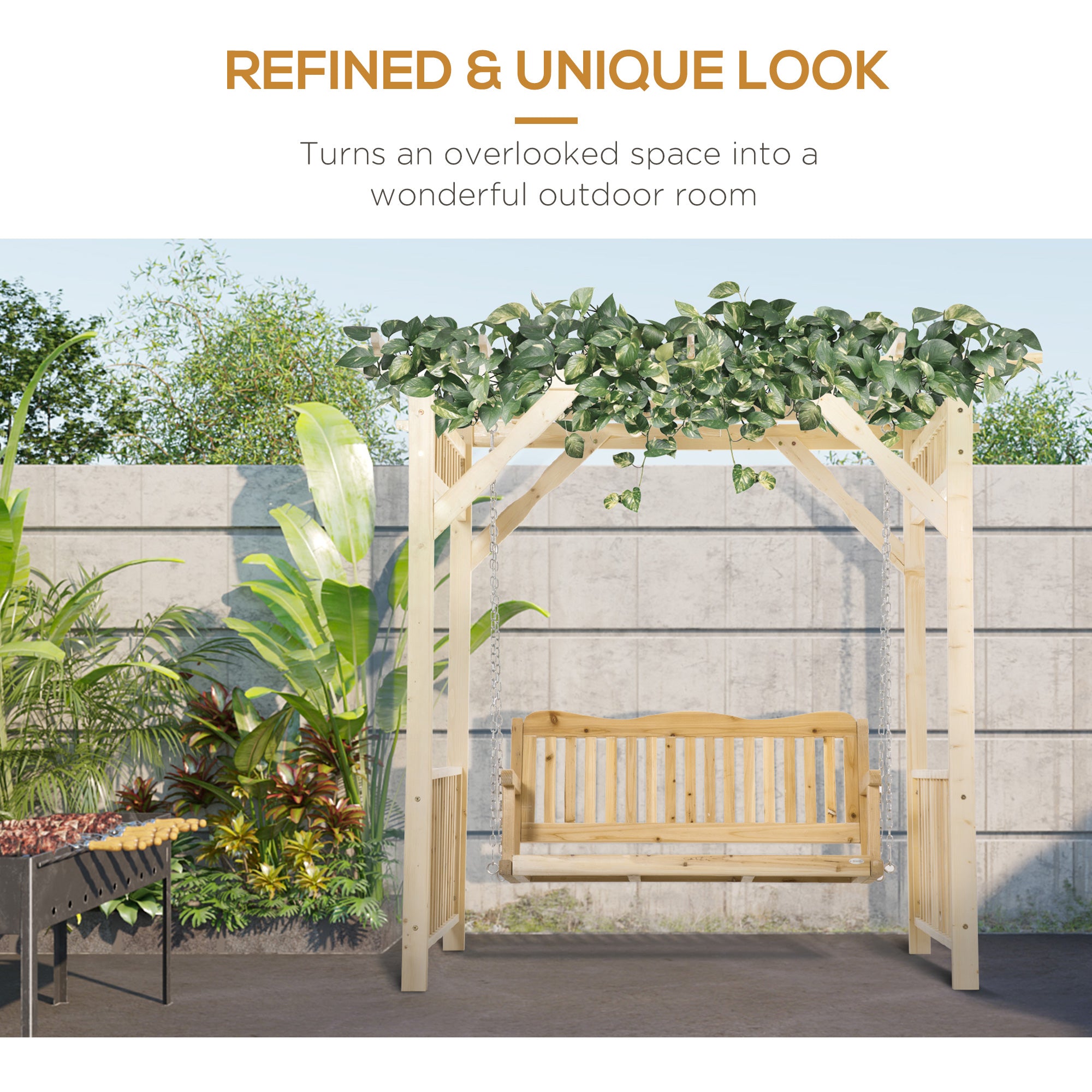 Patio Swing Chair with Pergola, 2-Person Wooden Gazebo Swing Bench Sun Shelter for Garden, Poolside, Backyard, Deck Patio Swings with Stand at Gallery Canada