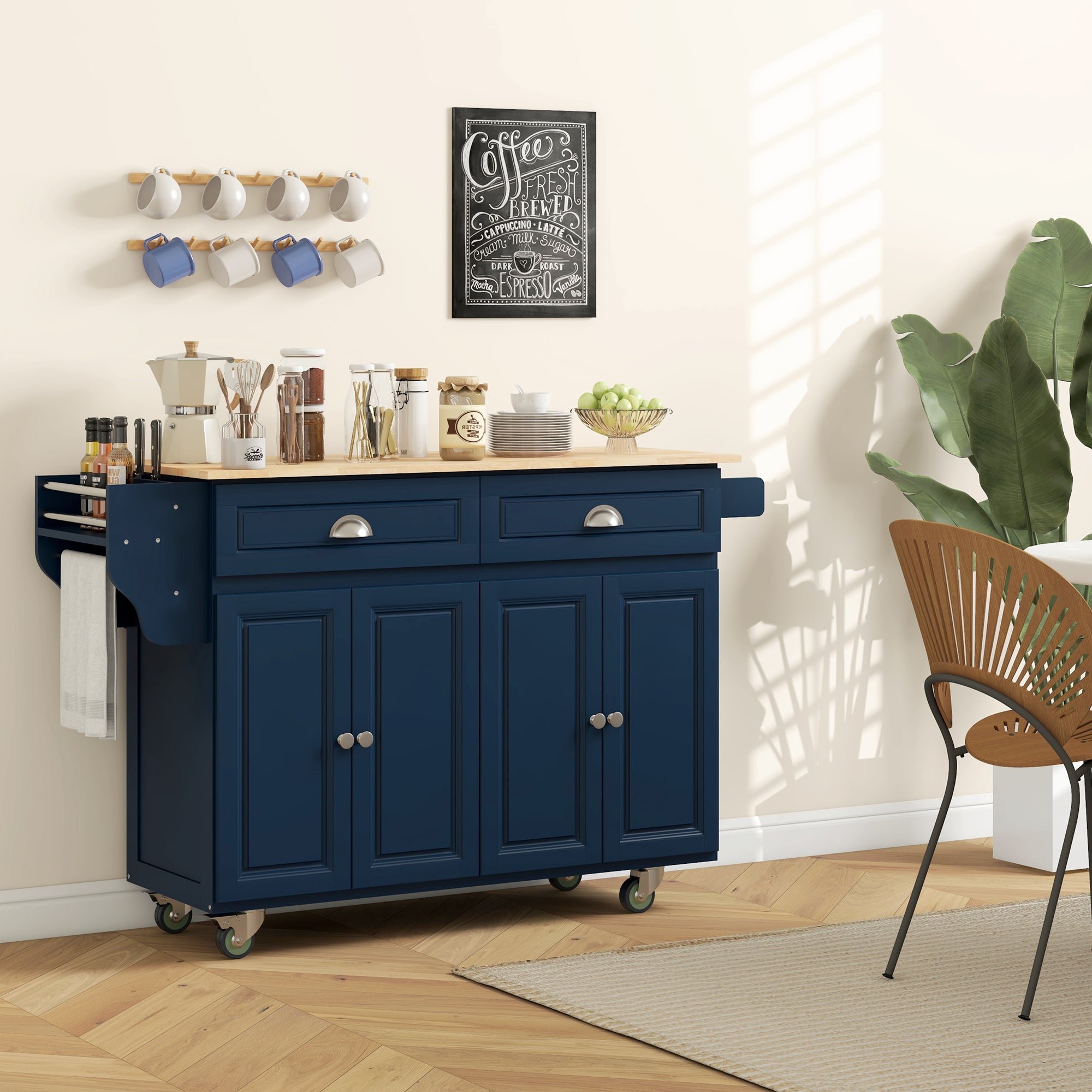 Kitchen Island with Storage, Rolling Kitchen Island with Drop Leaf, Rubber Wood Top and Adjustable Shelves, Navy Blue Kitchen Islands & Kitchen Carts at Gallery Canada