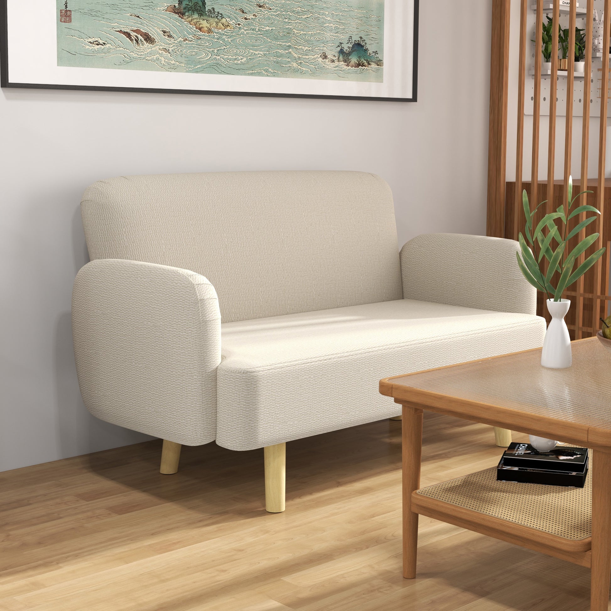 Velvet Feel Fabric 2 Seater Sofa, Small Sofa Loveseat with 8.3" Thick Padding and Wood Legs, Cream White 2-Seater Sofas Cream  at Gallery Canada